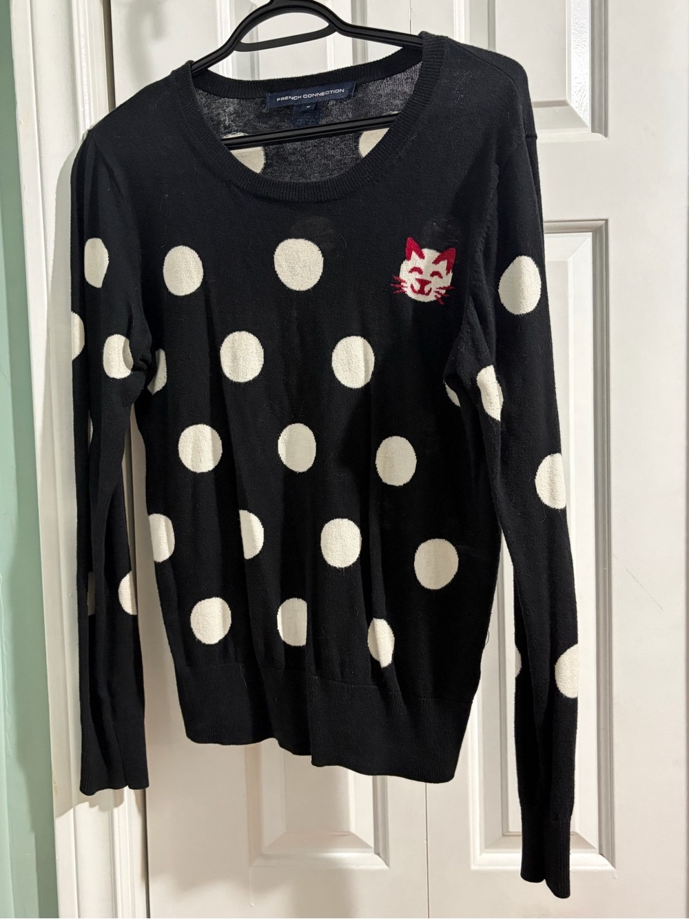 French Connection Black Polka Dot Sweater with Cat Motif
